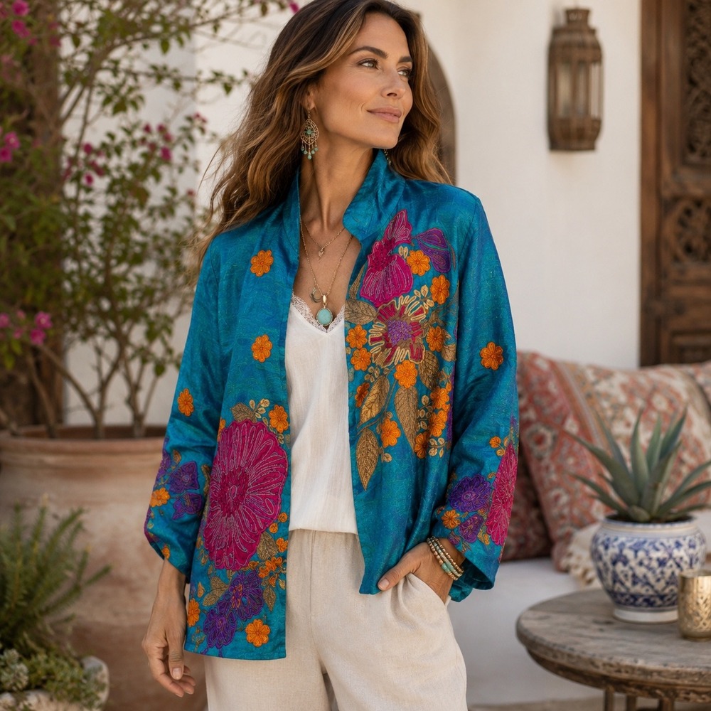 Anii by Natural Womens XL Pure Silk Embroidered Floral Open Front Jacket Boho